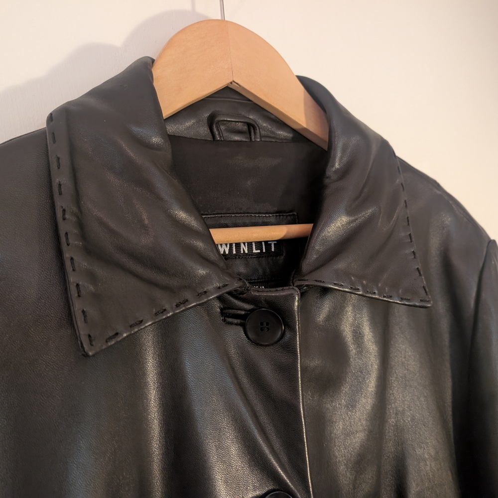 90s Black Leather Coat Midi Coat - Picture 3 of 12